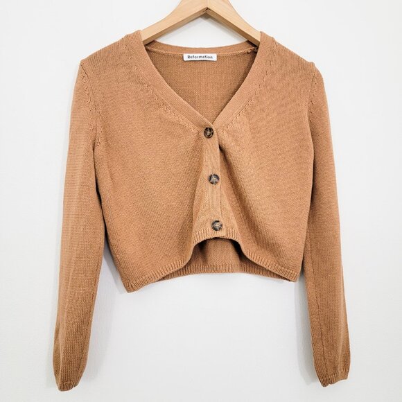 Reformation Tille Cotton Cardigan in Camel - Picture 1 of 5